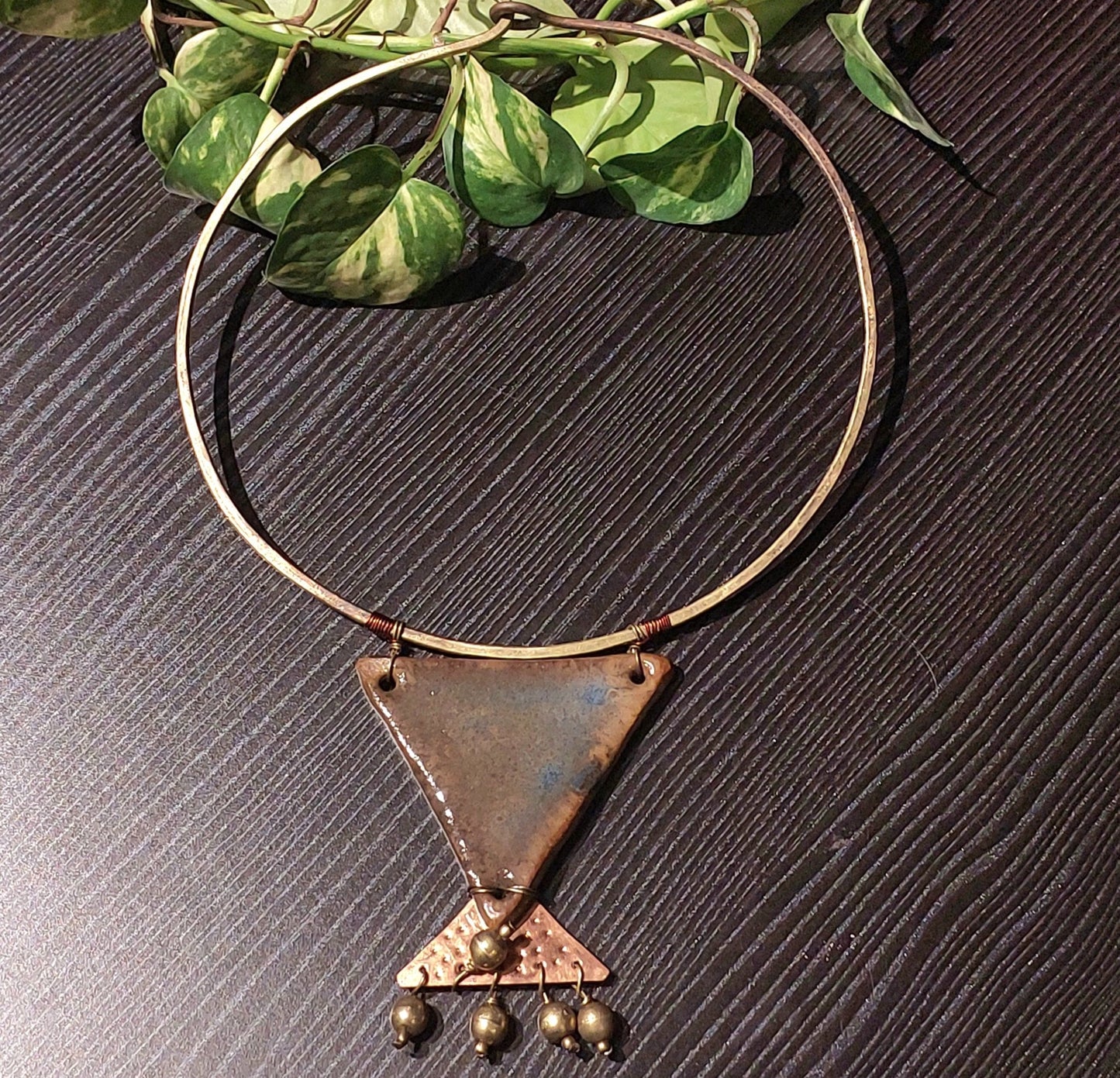 Handcrafted Hansuli in Dokra/Brass With Ceramic Pendant -Jewellery- Aananda Collections
