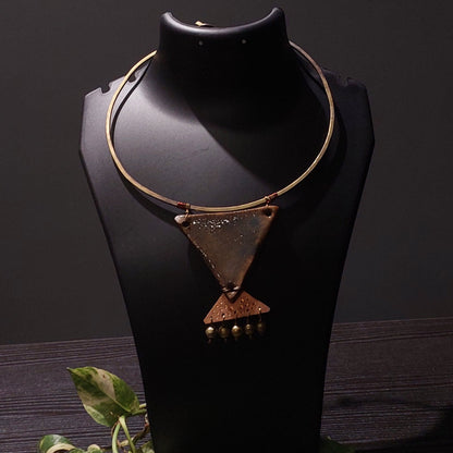 Handcrafted Hansuli in Dokra/Brass With Ceramic Pendant -Jewellery- Aananda Collections