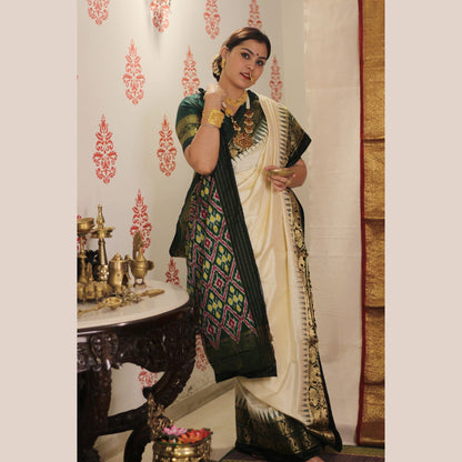 Ikkat Silk Saree With Green Kanchipuram Border -Handloom Sarees- Aananda Collections