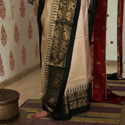 Ikkat Silk Saree With Green Kanchipuram Border -Handloom Sarees- Aananda Collections