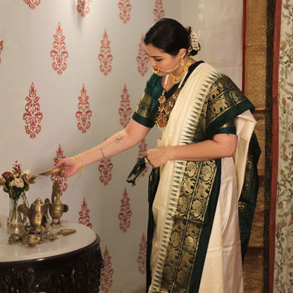 Ikkat Silk Saree With Green Kanchipuram Border -Handloom Sarees- Aananda Collections