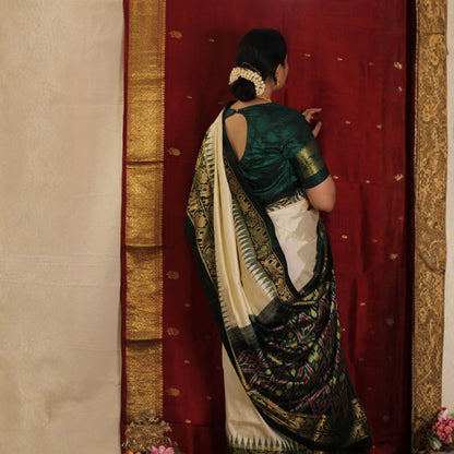Ikkat Silk Saree With Green Kanchipuram Border -Handloom Sarees- Aananda Collections