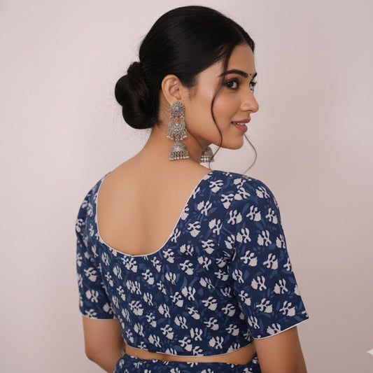 Indigo Colour Jaipur Printed Cotton Blouse -Blouse- Aananda Collections
