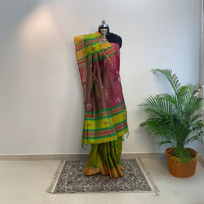 Parrot Green & Maroon  Pure Silk Kalakshetra Saree