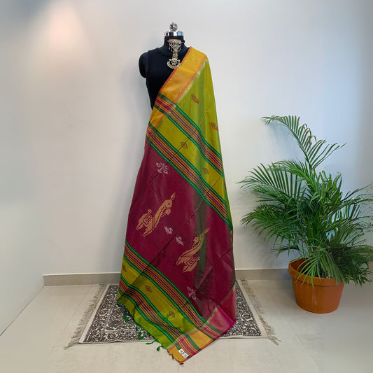 Parrot Green & Maroon  Pure Silk Kalakshetra Saree