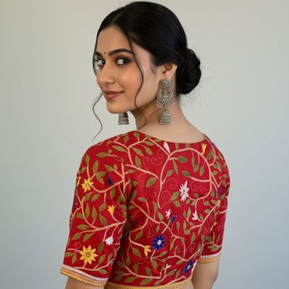 Kantha Work Red Silk Cotton Blouse -Blouse- Aananda Collections