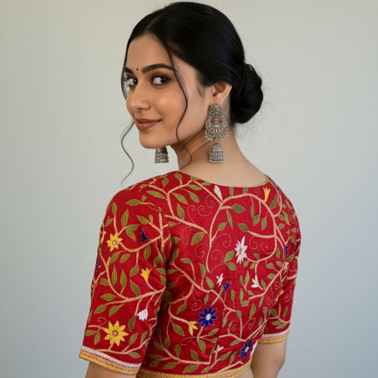 Kantha Work Red Silk Cotton Blouse -Blouse- Aananda Collections