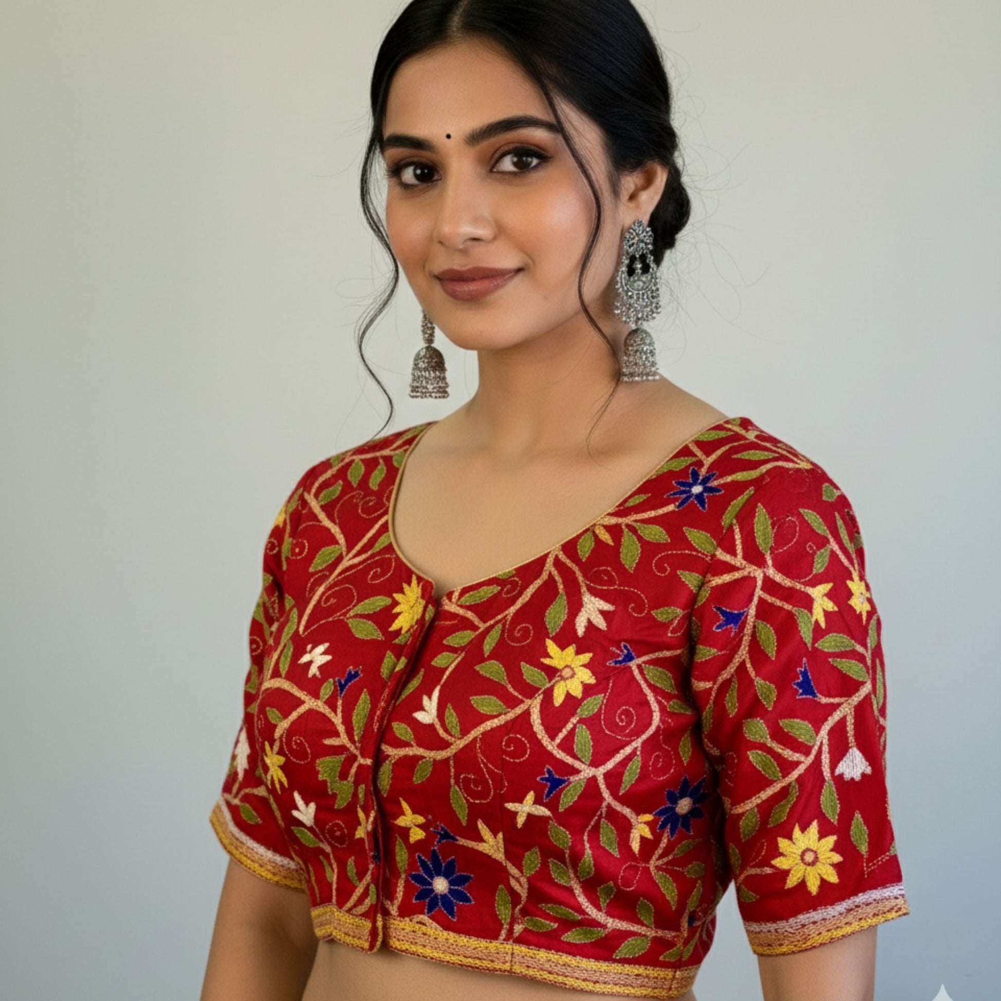 Kantha Work Red Silk Cotton Blouse -Blouse- Aananda Collections