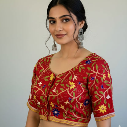 Kantha Work Red Silk Cotton Blouse -Blouse- Aananda Collections