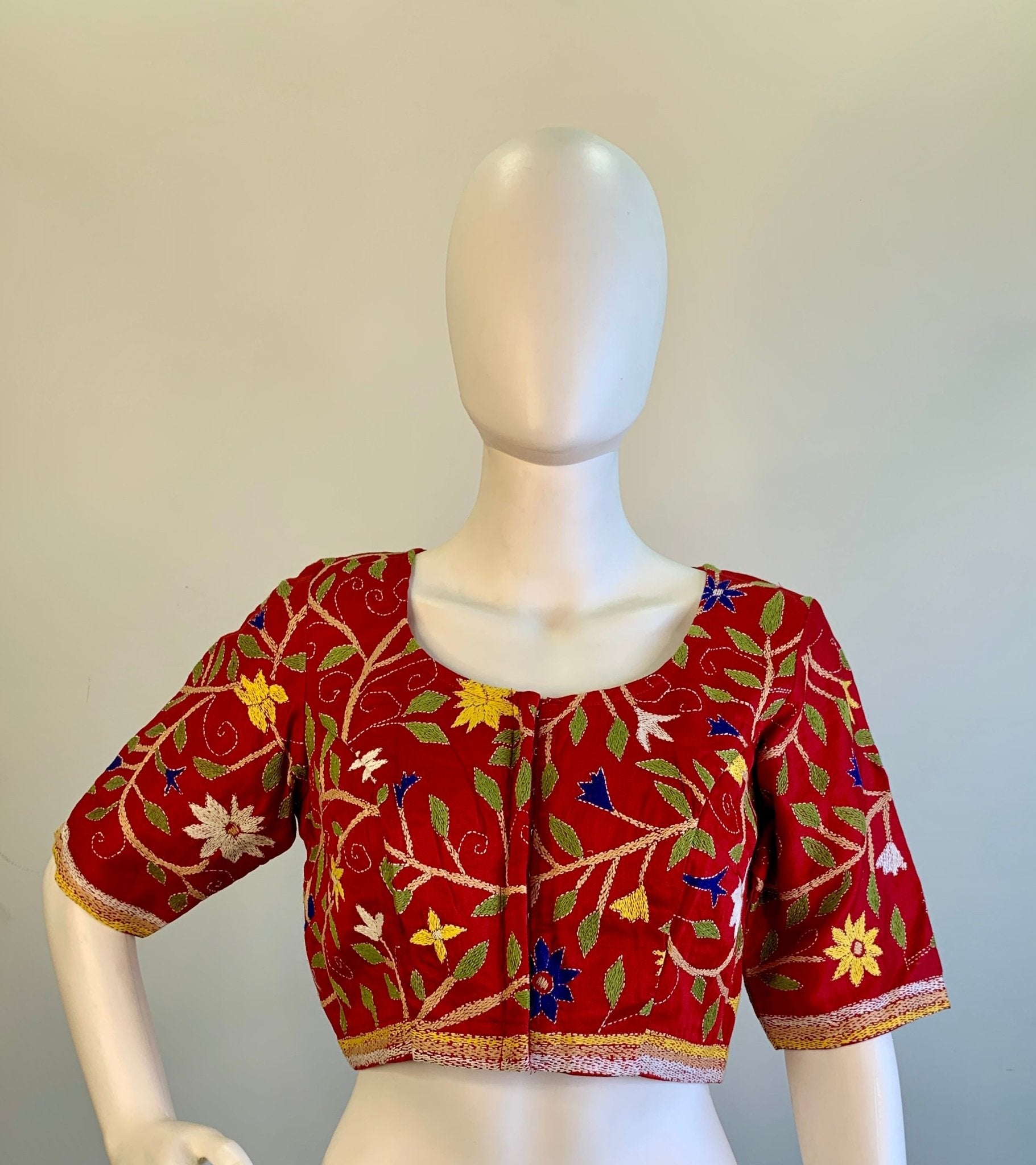 Kantha Work Red Silk Cotton Blouse -Blouse- Aananda Collections