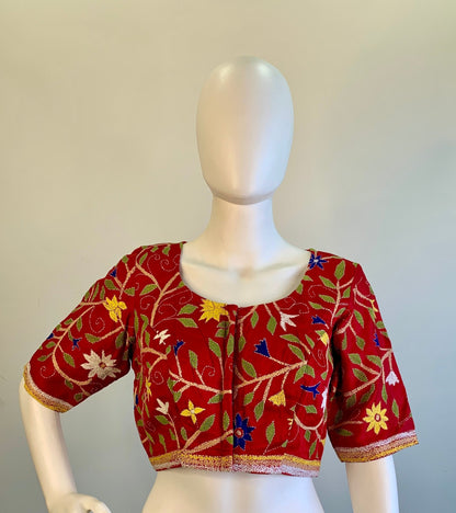 Kantha Work Red Silk Cotton Blouse -Blouse- Aananda Collections