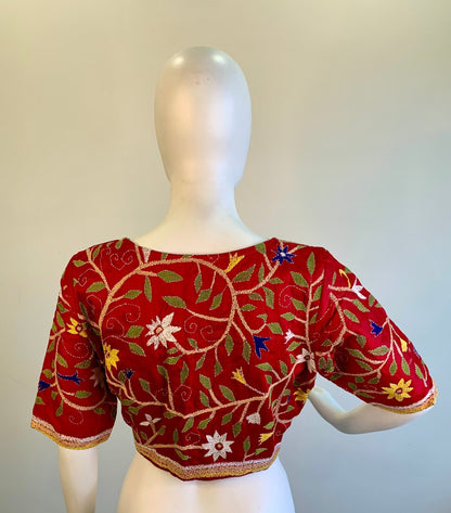 Kantha Work Red Silk Cotton Blouse -Blouse- Aananda Collections