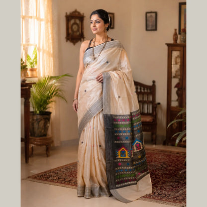 Light Beige Vidarbha Tussar Silk Saree With Grey Border & Dolaberi Pallu -Handloom Sarees- Aananda Collections