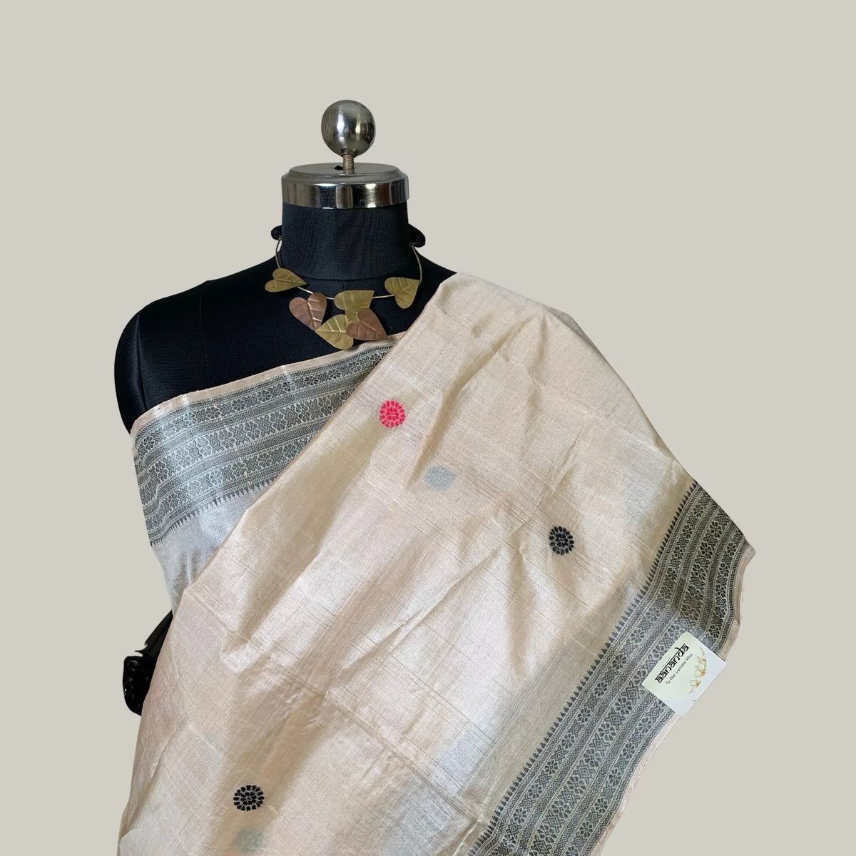 Light Beige Vidarbha Tussar Silk Saree With Grey Border & Dolaberi Pallu -Handloom Sarees- Aananda Collections