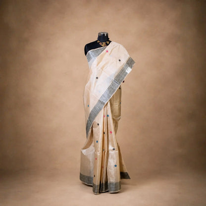 Light Beige Vidarbha Tussar Silk Saree With Grey Border & Dolaberi Pallu -Handloom Sarees- Aananda Collections