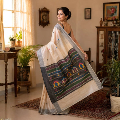 Light Beige Vidarbha Tussar Silk Saree With Grey Border & Dolaberi Pallu -Handloom Sarees- Aananda Collections