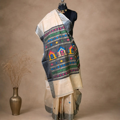 Light Beige Vidarbha Tussar Silk Saree With Grey Border & Dolaberi Pallu -Handloom Sarees- Aananda Collections