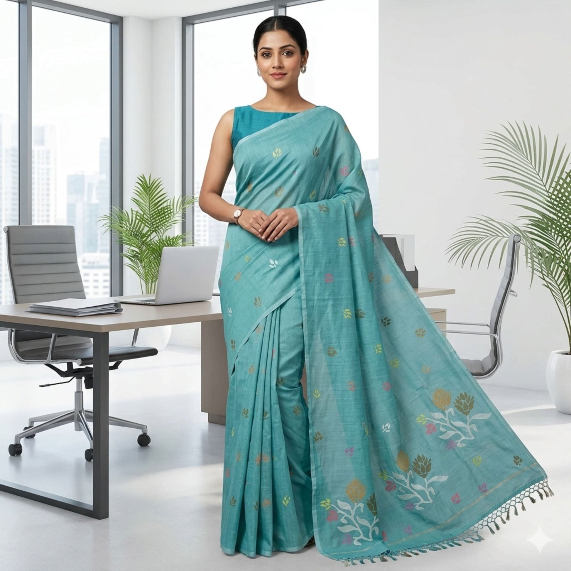 Light Blue Cotton Dhakai Jamdani Saree -Handloom Sarees- Aananda Collections