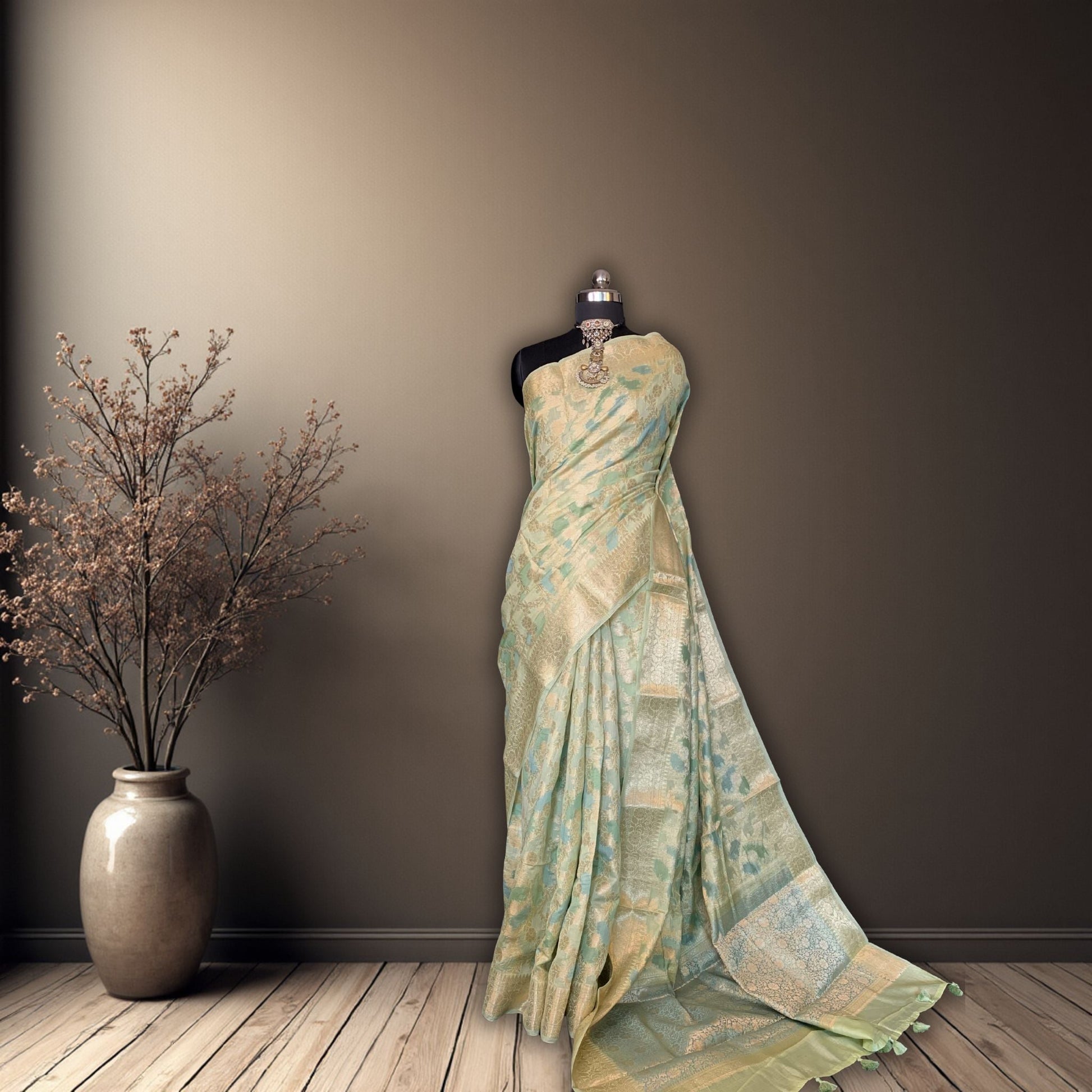 Light Green Cotton Chanderi Rangkat Banarasi Saree -Powerloom Sarees- Aananda Collections