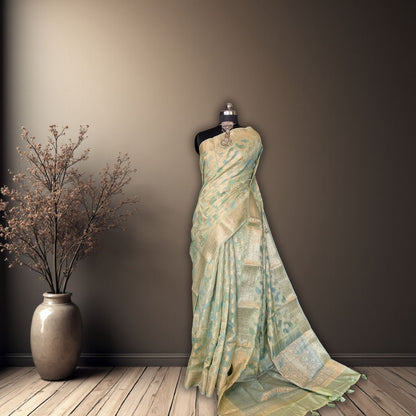 Light Green Cotton Chanderi Rangkat Banarasi Saree -Powerloom Sarees- Aananda Collections