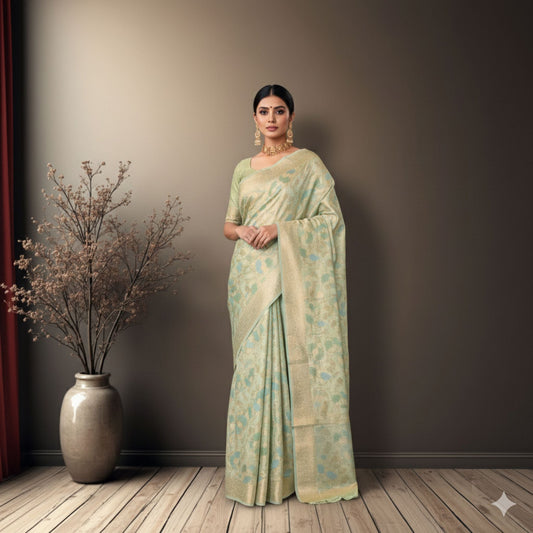 Light Green Cotton Chanderi Rangkat Banarasi Saree -Powerloom Sarees- Aananda Collections