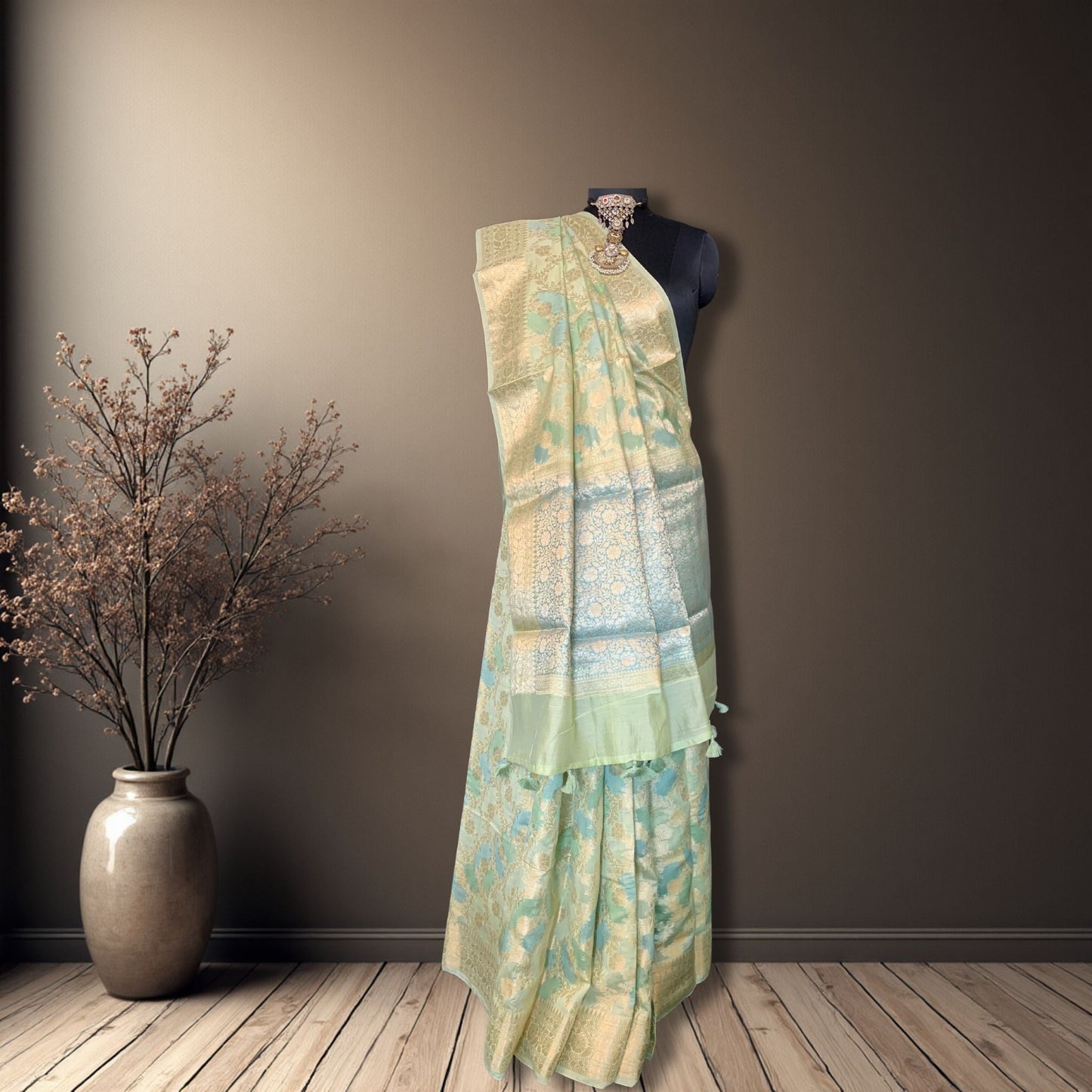 Light Green Cotton Chanderi Rangkat Banarasi Saree -Powerloom Sarees- Aananda Collections