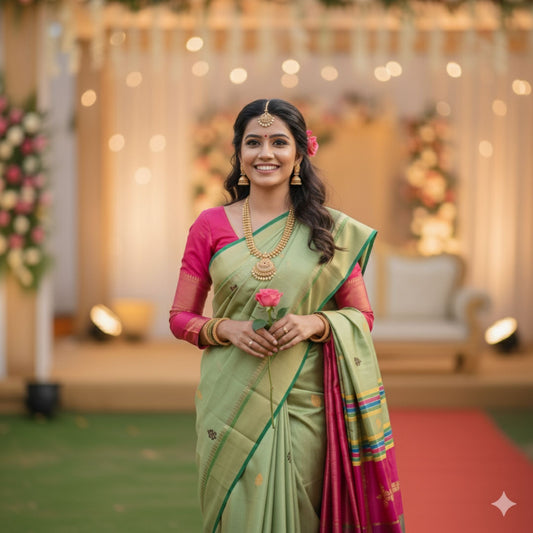 Light Green Pure Katan Silk Saree -Handloom Sarees- Aananda Collections