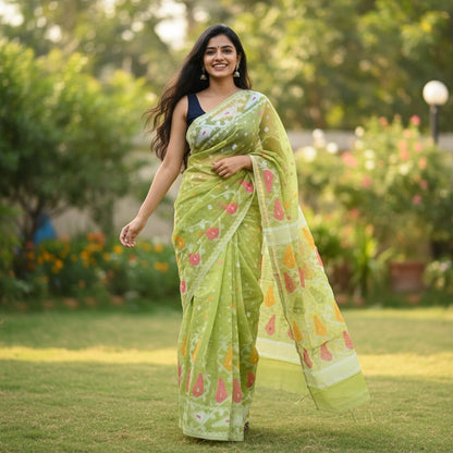 Light Green Soft Dhakai Jamdani -Powerloom Sarees- Aananda Collections