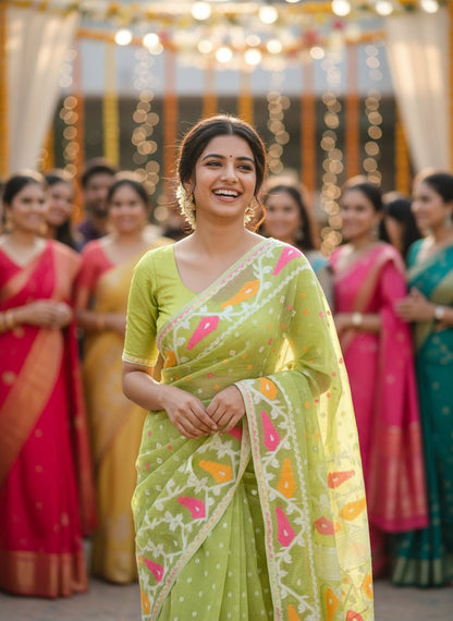 Light Green Soft Dhakai Jamdani -Powerloom Sarees- Aananda Collections
