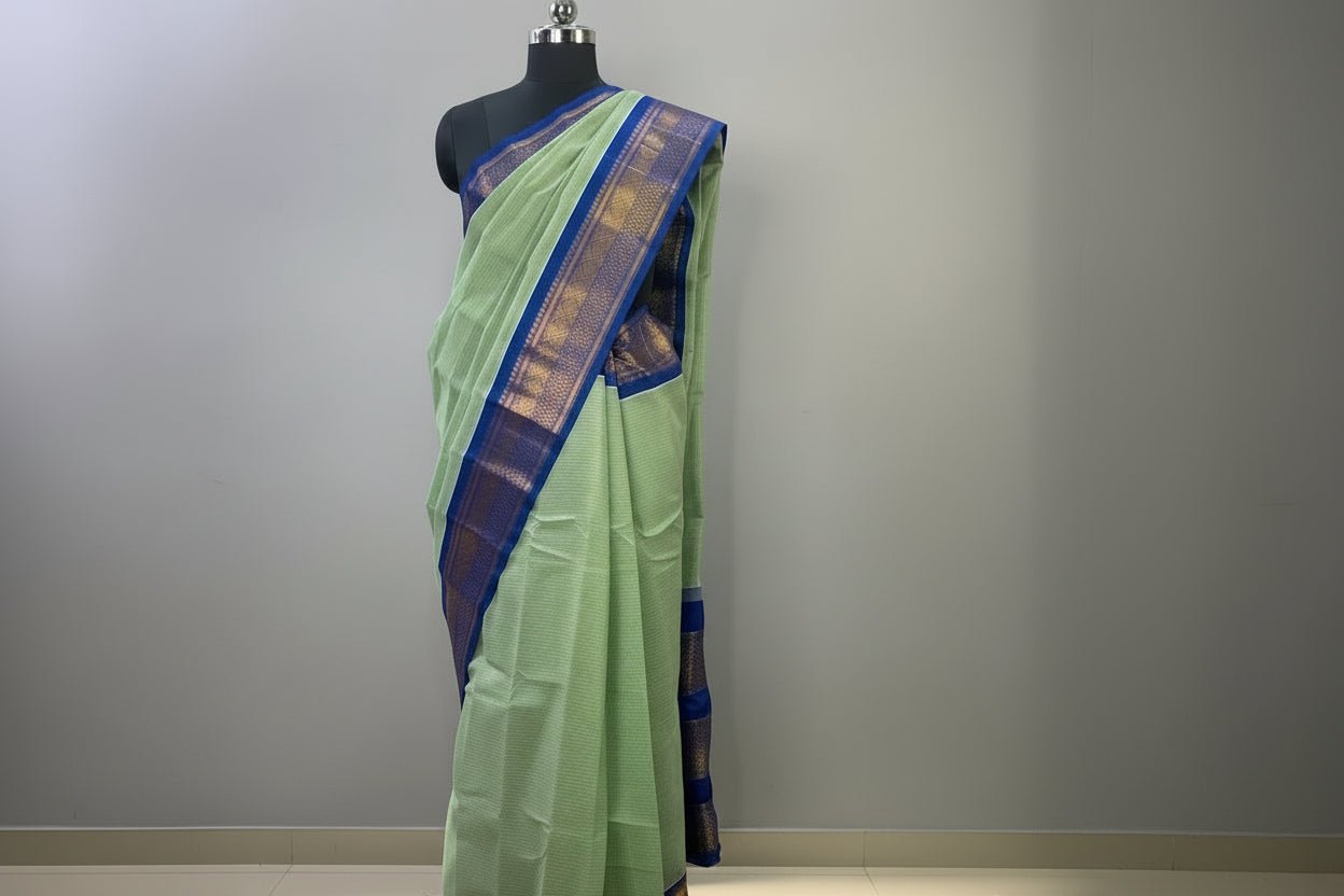 Light Mint Green Silk Cotton Gadwal Saree -Handloom Sarees- Aananda Collections