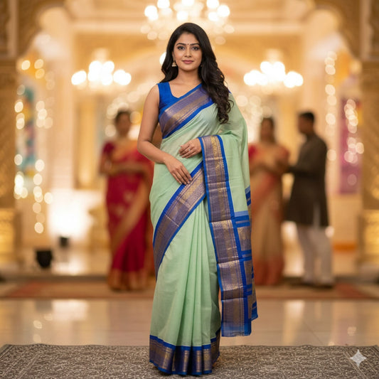 Light Mint Green Silk Cotton Gadwal Saree -Handloom Sarees- Aananda Collections