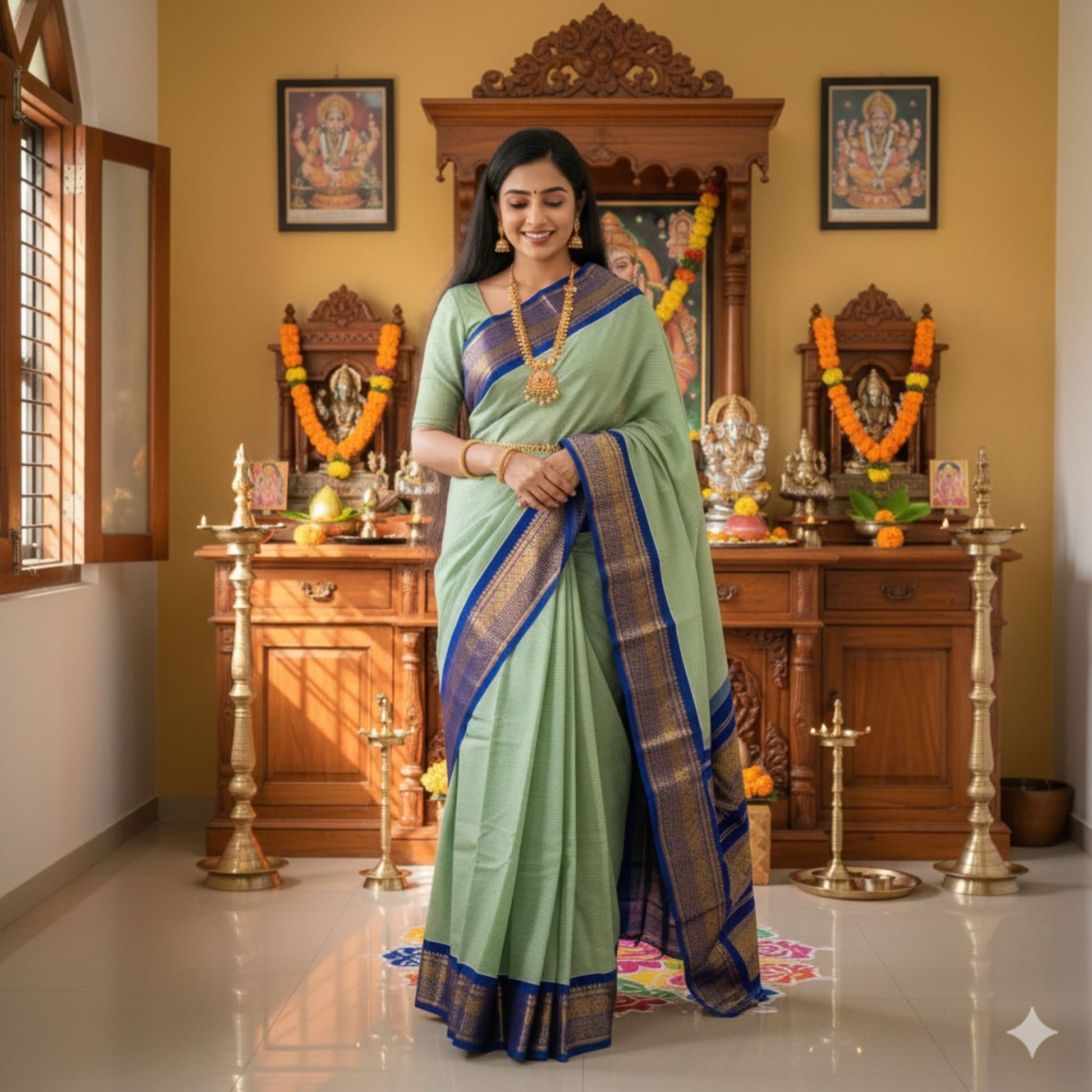 Light Mint Green Silk Cotton Gadwal Saree -Handloom Sarees- Aananda Collections