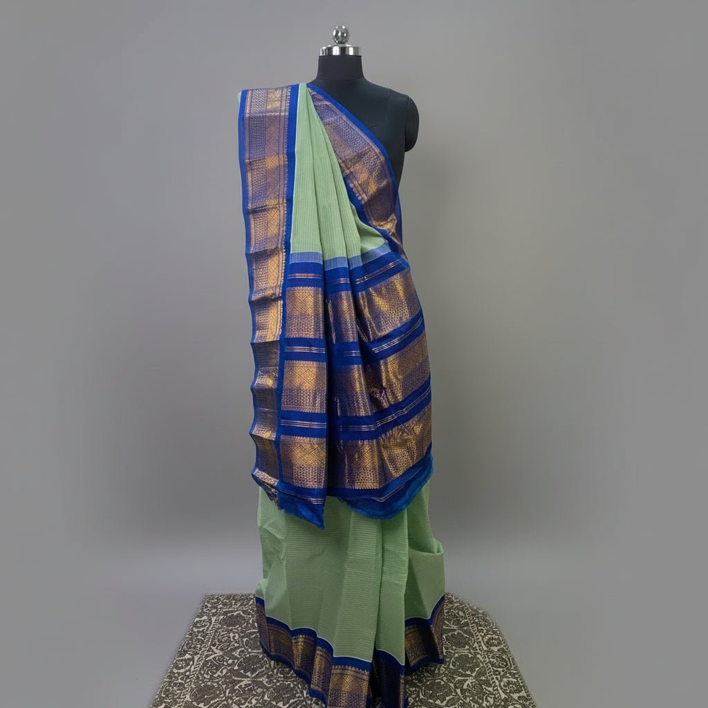Light Mint Green Silk Cotton Gadwal Saree -Handloom Sarees- Aananda Collections