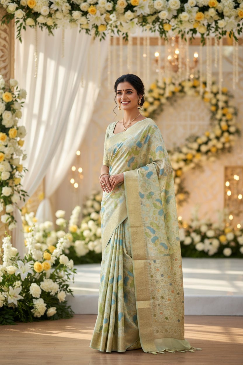 Light Yellow Cotton Chanderi Rangkat Banarasi Saree -Powerloom Sarees- Aananda Collections