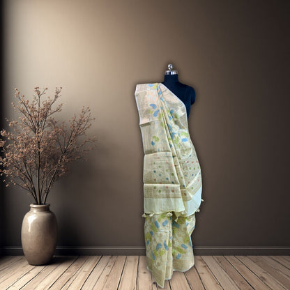 Light Yellow Cotton Chanderi Rangkat Banarasi Saree -Powerloom Sarees- Aananda Collections