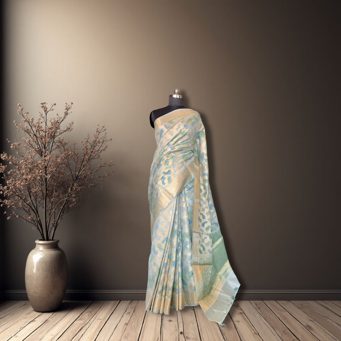 Light Blue Cotton Chanderi Rangkat Banarasi Saree