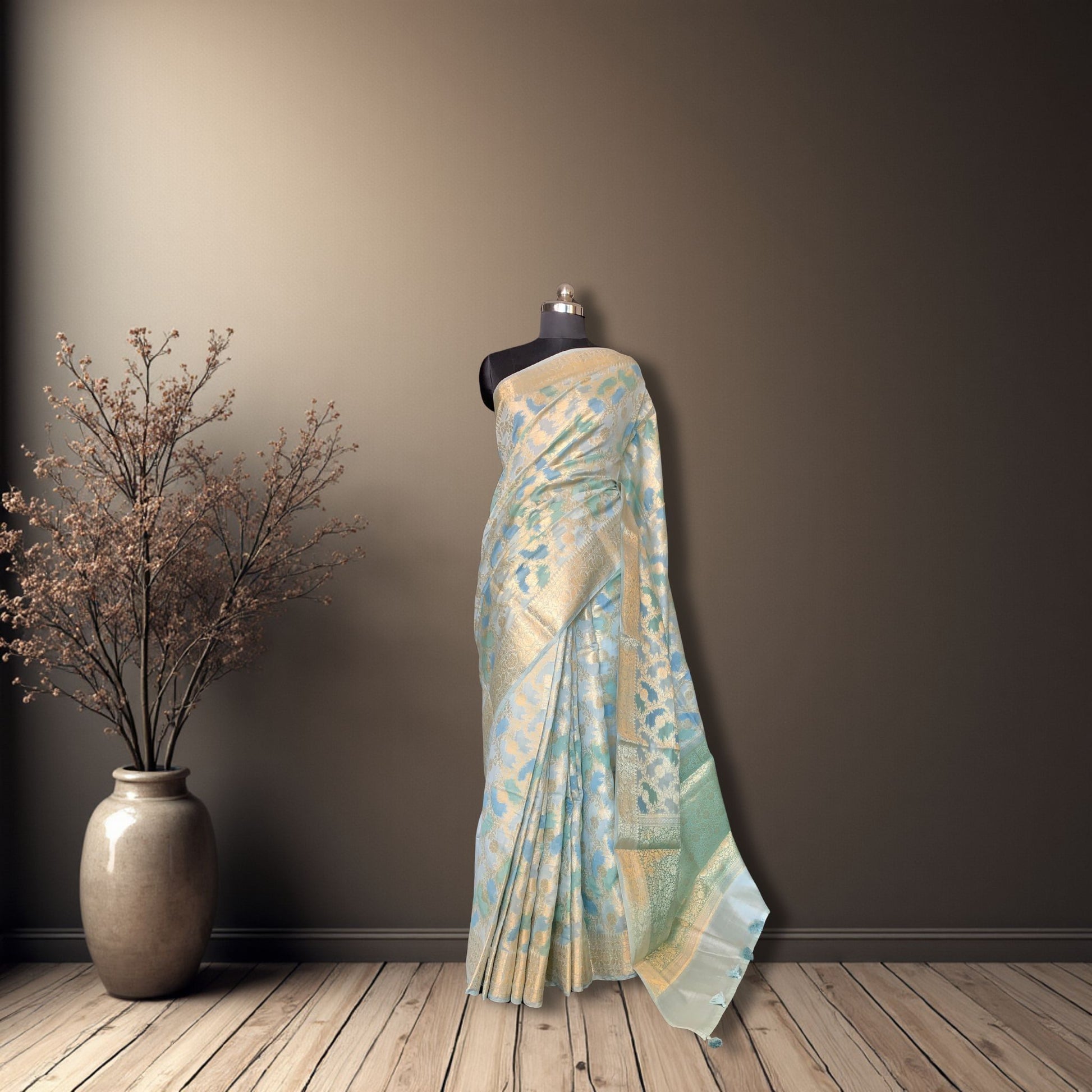 Light Blue Cotton Chanderi Rangkat Banarasi Saree