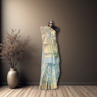 Light Blue Cotton Chanderi Rangkat Banarasi Saree