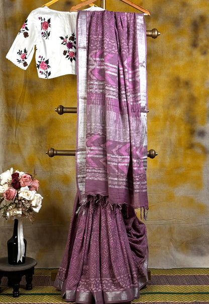 Mauve Hand Block Printed Linen Saree