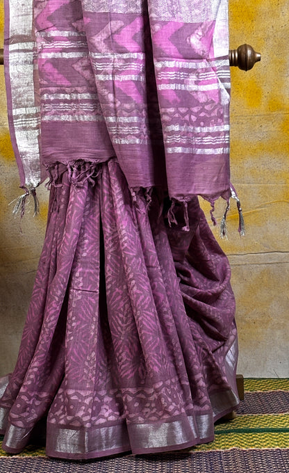 Mauve Hand Block Printed Linen Saree