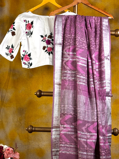 Mauve Hand Block Printed Linen Saree