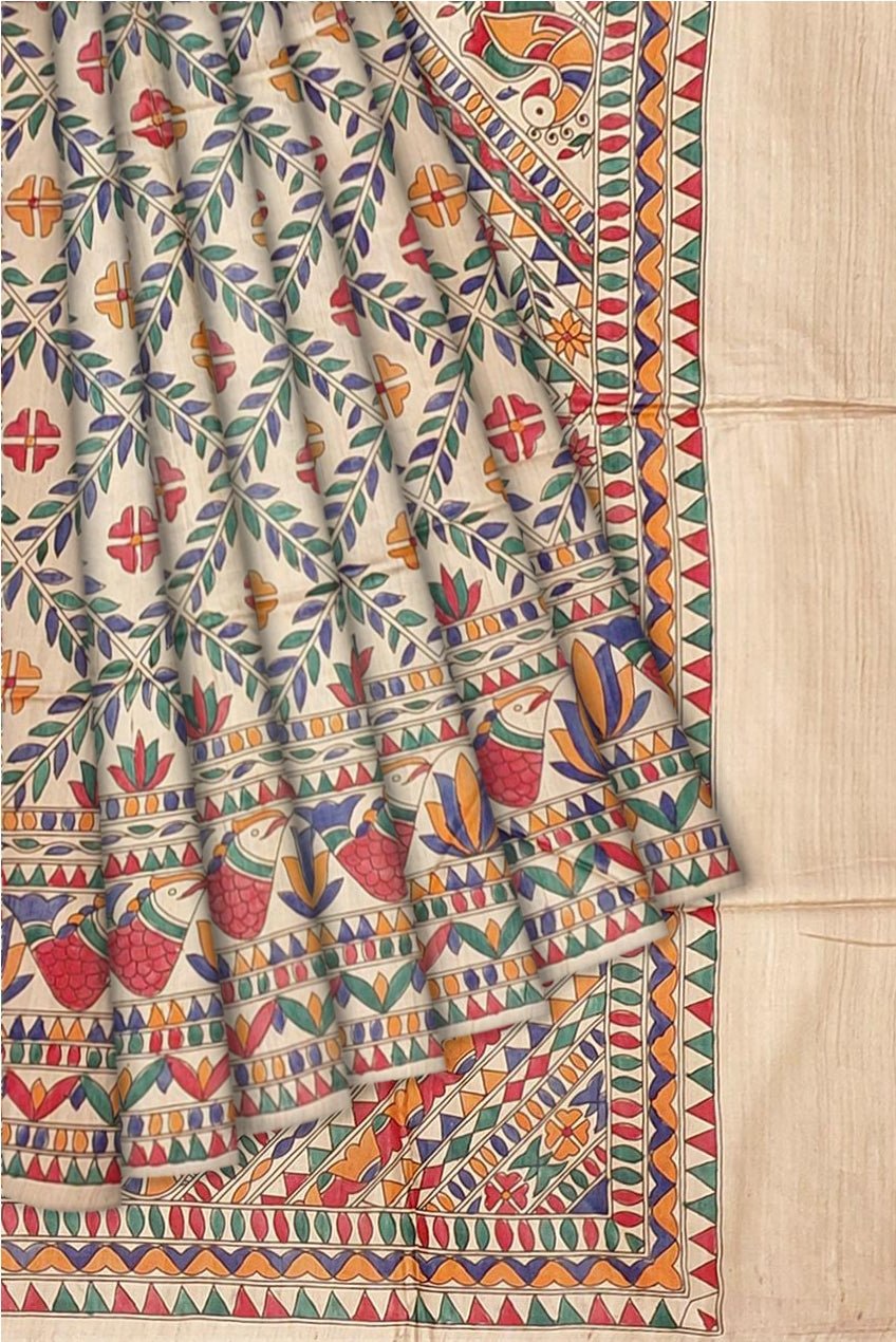 Madhubani Painting on Tussar Silk Saree -Handloom Sarees- Aananda Collections