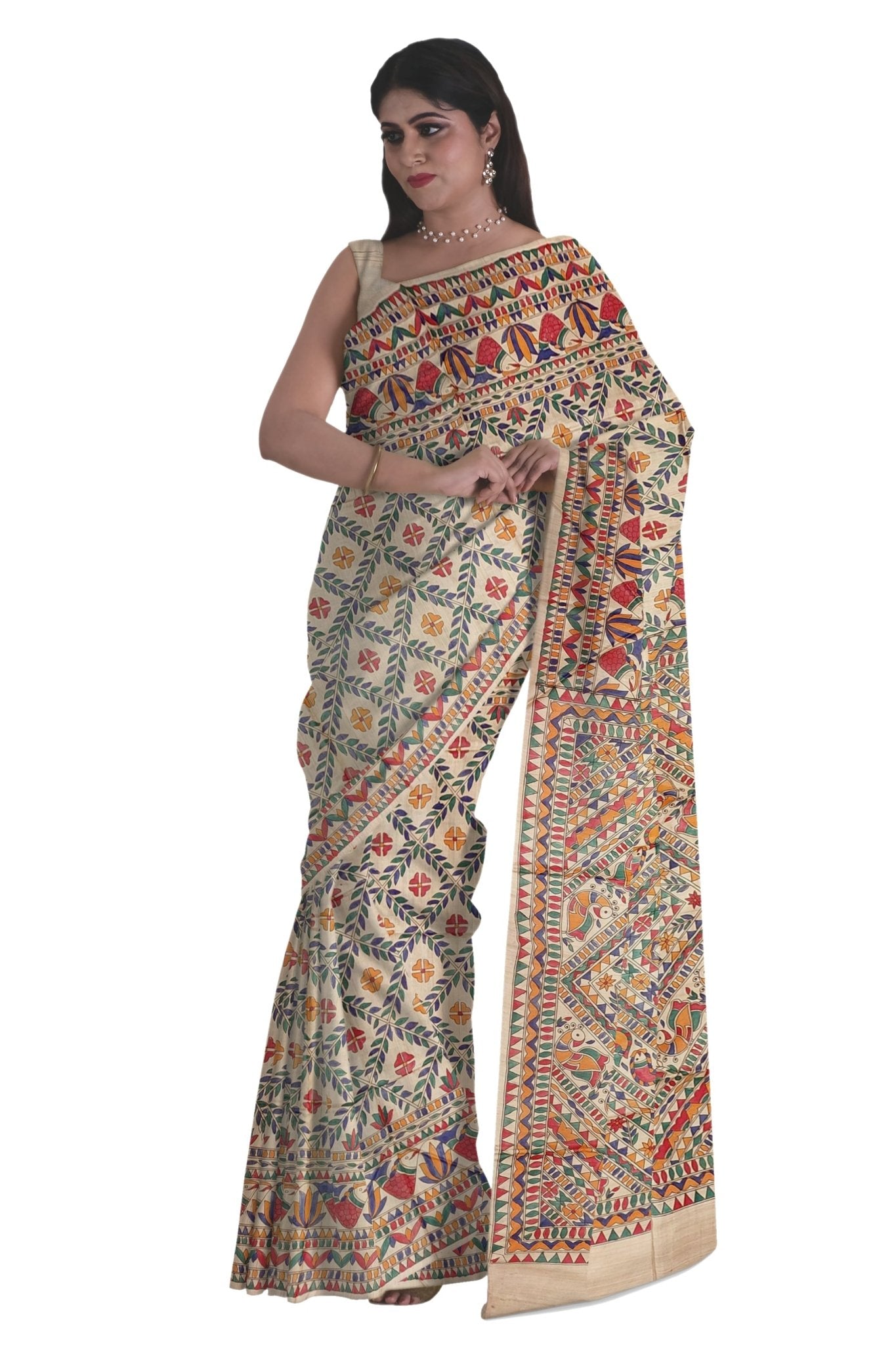 Madhubani Painting on Tussar Silk Saree -Handloom Sarees- Aananda Collections