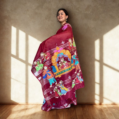 Maroon Hand-Painted Pattachitra Linen Saree -Handloom Sarees- Aananda Collections