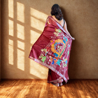 Maroon Hand-Painted Pattachitra Linen Saree -Handloom Sarees- Aananda Collections