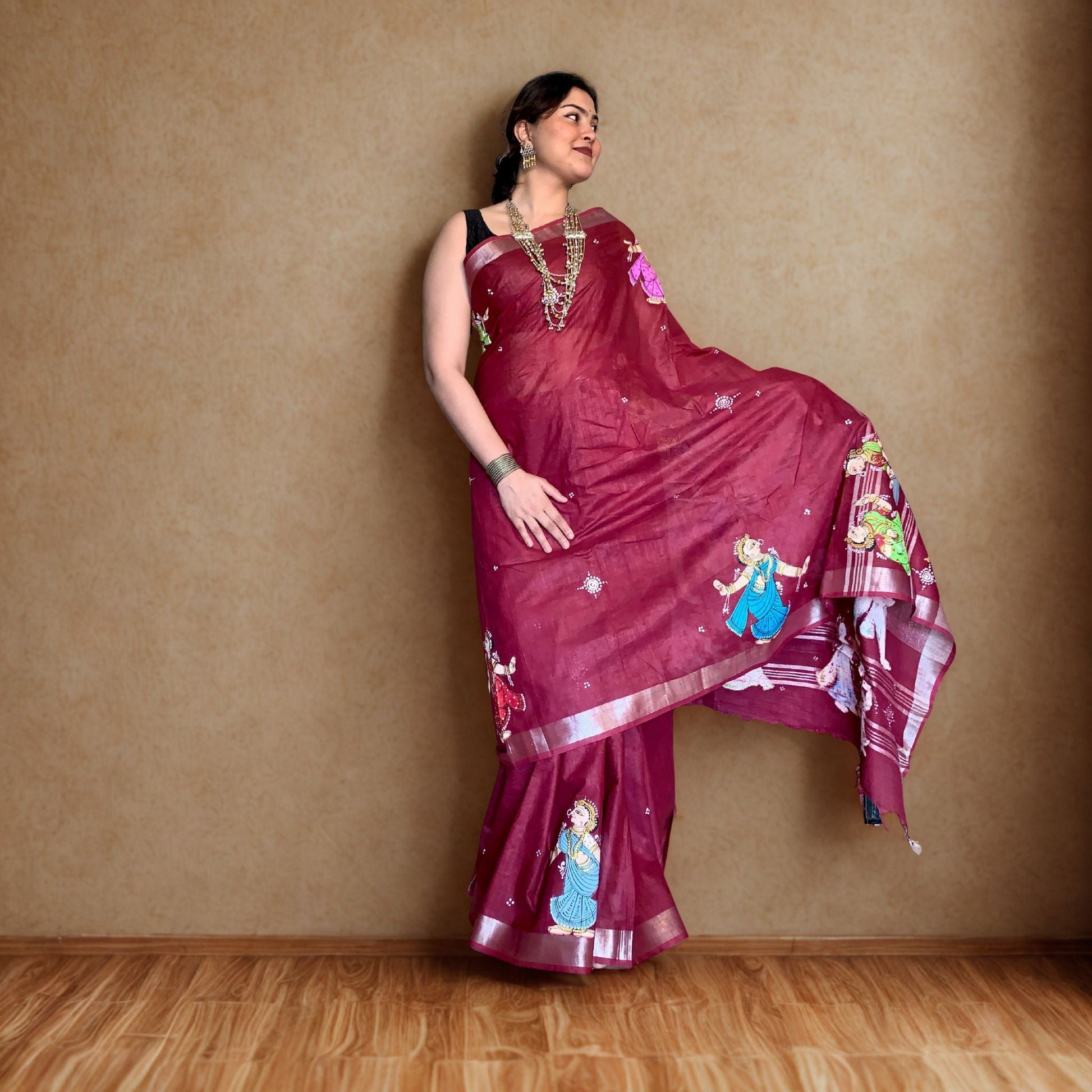 Maroon Hand-Painted Pattachitra Linen Saree -Handloom Sarees- Aananda Collections