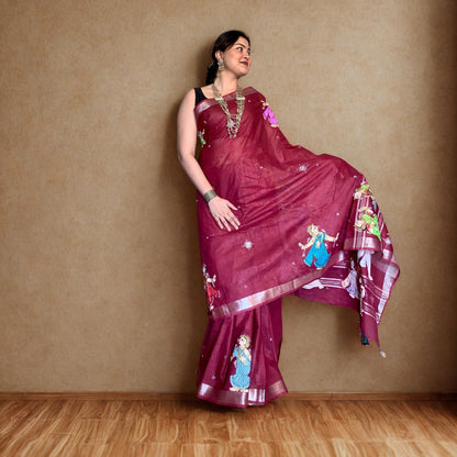 Maroon Hand-Painted Pattachitra Linen Saree -Handloom Sarees- Aananda Collections