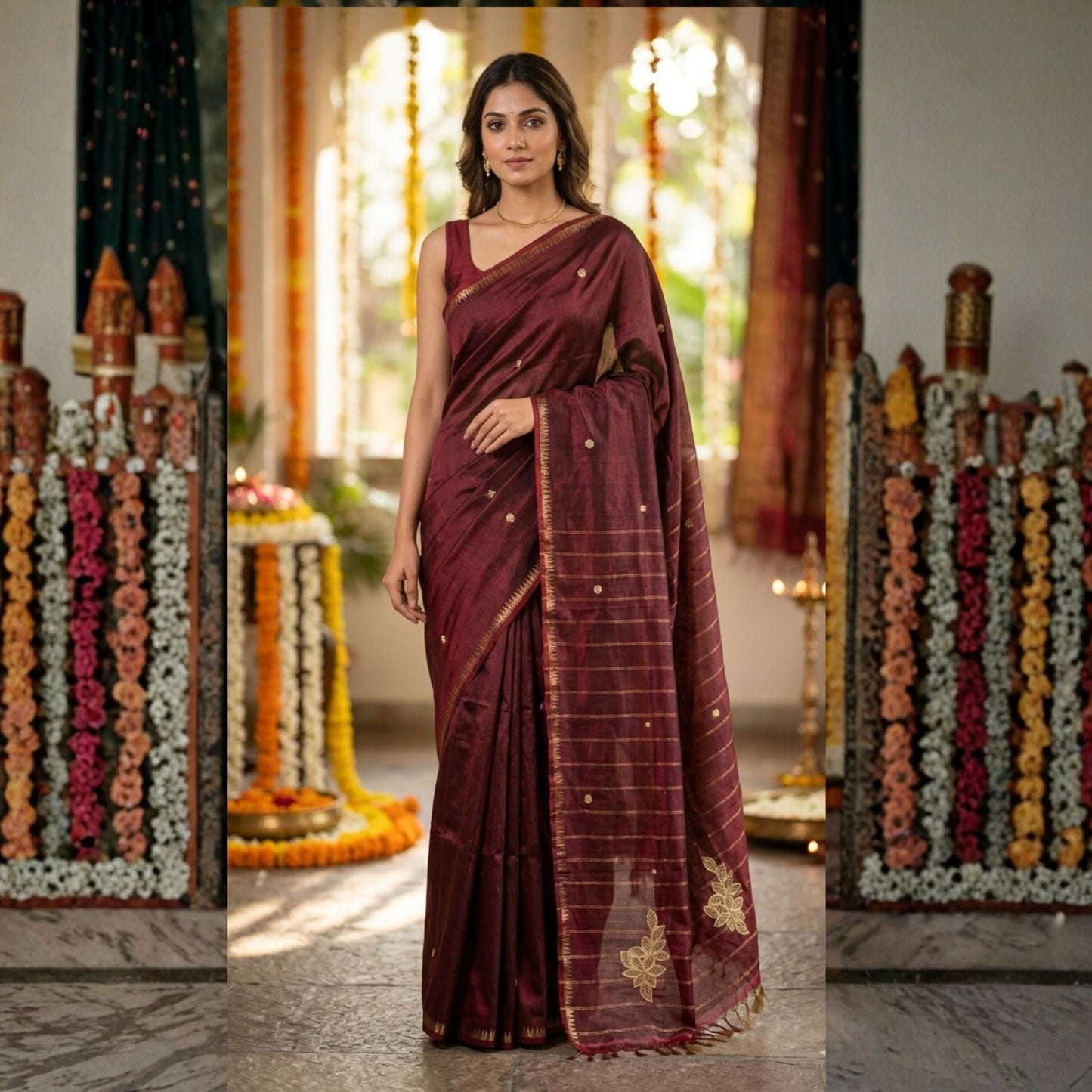 * Maroon Katan Silk Saree with Zardosi work -Handloom Sarees- Aananda Collections