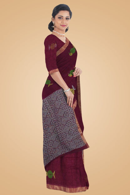Maroon Linen Jamdani -Handloom Sarees- Aananda Collections