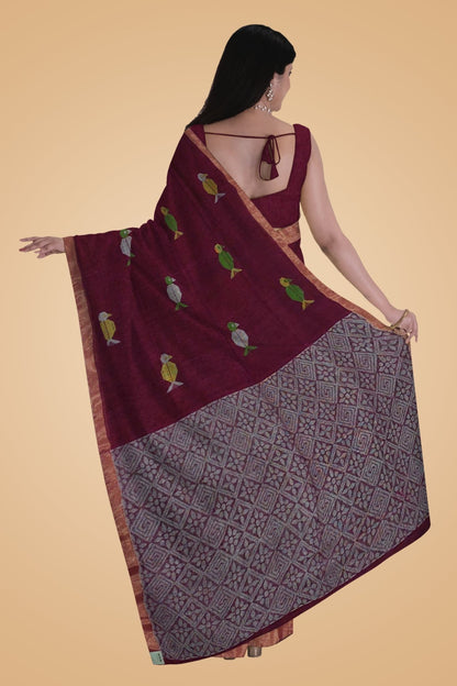 Maroon Linen Jamdani -Handloom Sarees- Aananda Collections